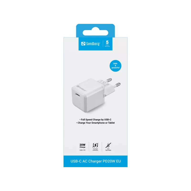Sandberg USB-C AC Lādētājs PD20W EU, Iekštelpu, Maiņstrāva, 5 V, 3 A, Balts