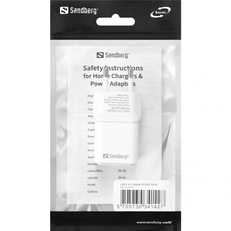 Sandberg USB-C AC Lādētājs PD20W SAVER, Iekštelpu, AC, 12 V, 3 A, Balts