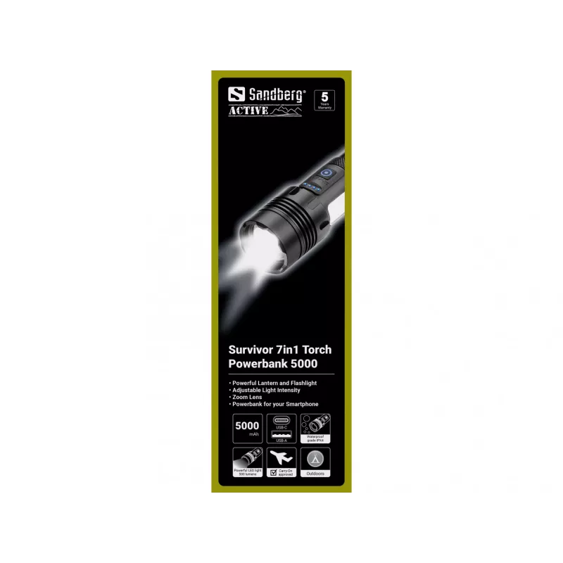 Sandberg Survivor 7in1 Torch Powerbank 5000, rokas lukturis, melns, alumīnijs, LED, 2 lampas, 200 lm