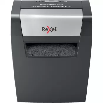 Rexel Momentum X308 šķērsgriezuma papīra smalcinātājs P3, daļiņu griezums 5 x 42 mm, 15 L, 100 lapas, 70 dB, pogas
