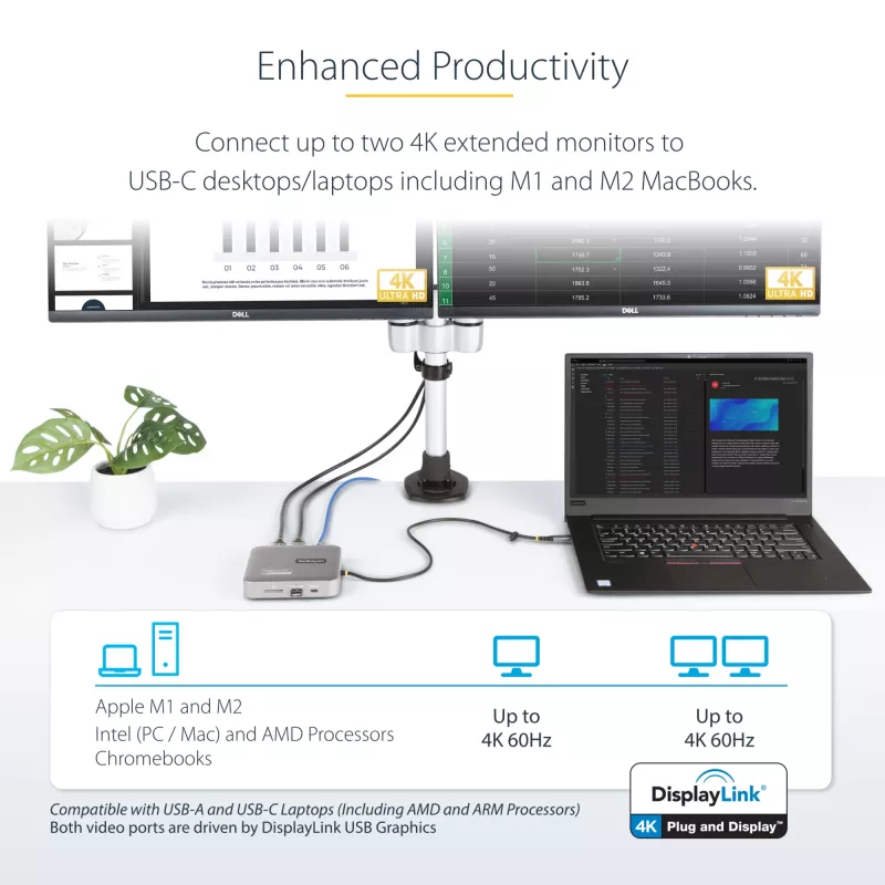 StarTech.com USB-C dokstacija, divi 4K 60Hz HDMI, saderīga ar MacBook Pro (M1/M2/M3/M4) un Windows, USB-A/USB-C 10Gbps centrmezgls, 100W Power Delivery, GbE, SD, 56cm kabelis