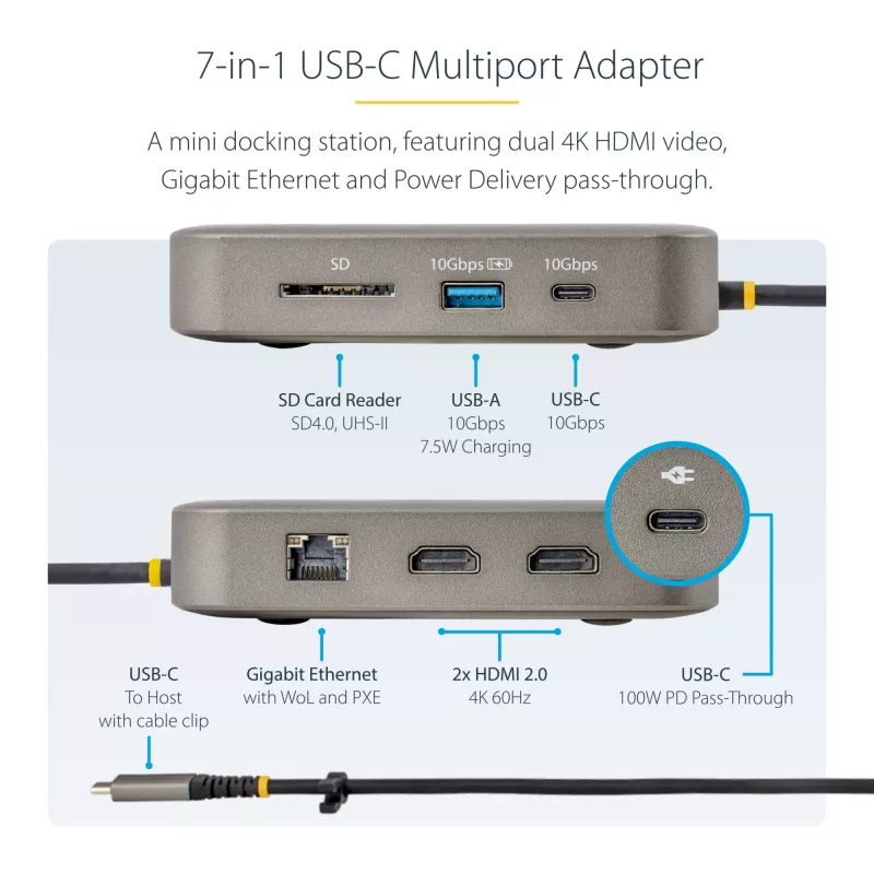 StarTech.com USB-C dokstacija, divi 4K 60Hz HDMI, saderīga ar MacBook Pro (M1/M2/M3/M4) un Windows, USB-A/USB-C 10Gbps centrmezgls, 100W Power Delivery, GbE, SD, 56cm kabelis