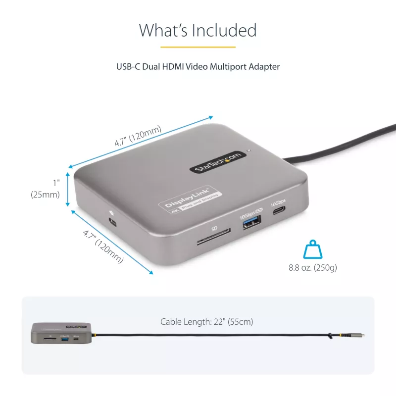 StarTech.com USB-C dokstacija, divi 4K 60Hz HDMI, saderīga ar MacBook Pro (M1/M2/M3/M4) un Windows, USB-A/USB-C 10Gbps centrmezgls, 100W Power Delivery, GbE, SD, 56cm kabelis