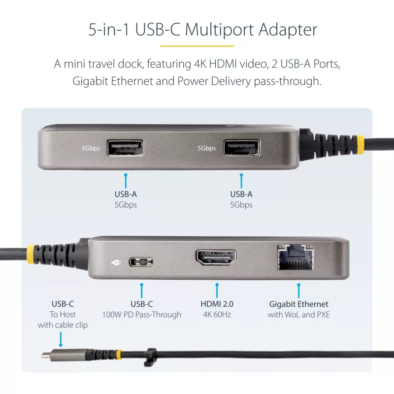 StarTech.com USB-C daudzportu adapteris - 4K 60Hz HDMI - HDR - 2 portu 5Gbps USB 3.0 centrmezgls - 100W Power Delivery caurvads - GbE - Chromebook sertificēts - Windows/macOS