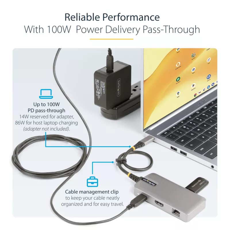 StarTech.com USB-C daudzportu adapteris - 4K 60Hz HDMI - HDR - 2 portu 5Gbps USB 3.0 centrmezgls - 100W Power Delivery caurvads - GbE - Chromebook sertificēts - Windows/macOS