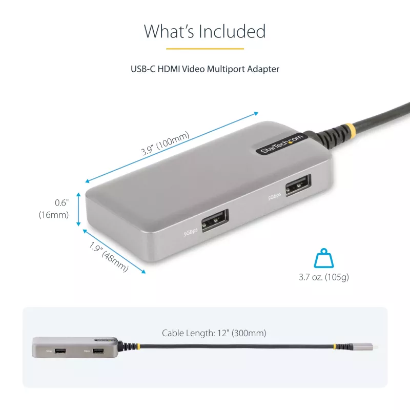 StarTech.com USB-C daudzportu adapteris - 4K 60Hz HDMI - HDR - 2 portu 5Gbps USB 3.0 centrmezgls - 100W Power Delivery caurvads - GbE - Chromebook sertificēts - Windows/macOS