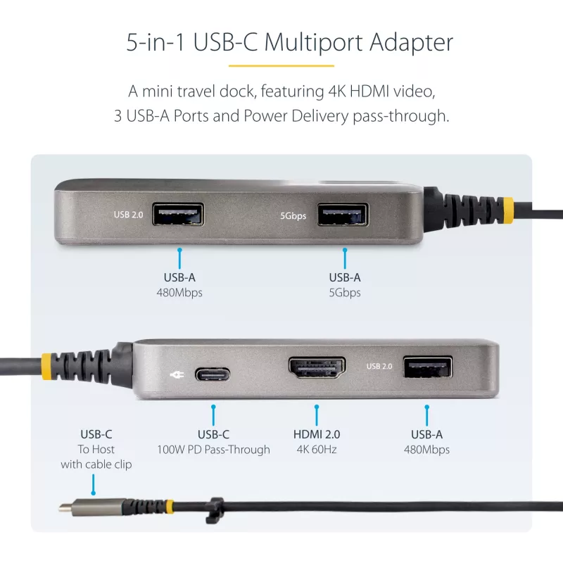 StarTech.com USB-C daudzportu adapteris - 4K 60Hz HDMI ar HDR - 3 portu USB centrmezgls - 100W Power Delivery caurvads - saderīgs ar Chromebook