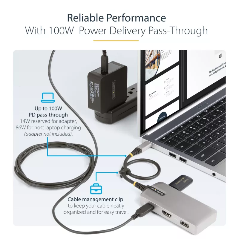 StarTech.com USB-C daudzportu adapteris - 4K 60Hz HDMI ar HDR - 3 portu USB centrmezgls - 100W Power Delivery caurvads - saderīgs ar Chromebook