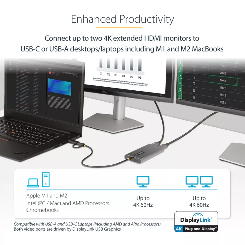 StarTech.com USB-C uz Diviem HDMI Adapteris - USB-C vai A uz 2x HDMI - 4K 60Hz - 100W Barošanas Padeves Caurlaide - 1ft (30cm) Iebūvēts Kabelis - USB uz HDMI Daudzmonitoru Pārveidotājs Klēpjdatoram - TAA