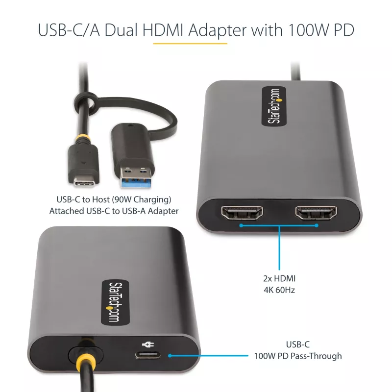 StarTech.com USB-C uz Diviem HDMI Adapteris - USB-C vai A uz 2x HDMI - 4K 60Hz - 100W Barošanas Padeves Caurlaide - 1ft (30cm) Iebūvēts Kabelis - USB uz HDMI Daudzmonitoru Pārveidotājs Klēpjdatoram - TAA