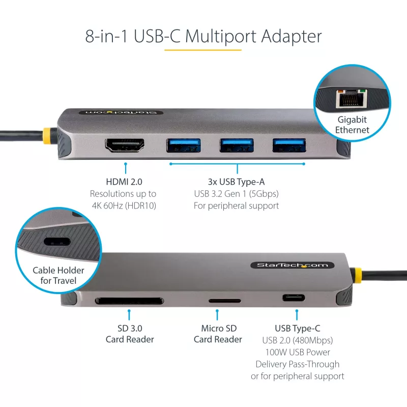 StarTech.com USB-C daudzportu adapteris 4K 60Hz HDMI video, 3 portu 5Gbps USB-A centrmezgls, 100W USB barošanas padeves caurlaide/GbE/SD/MicroSD, 30 cm kabelis, ceļojuma klēpjdatora dokstacija
