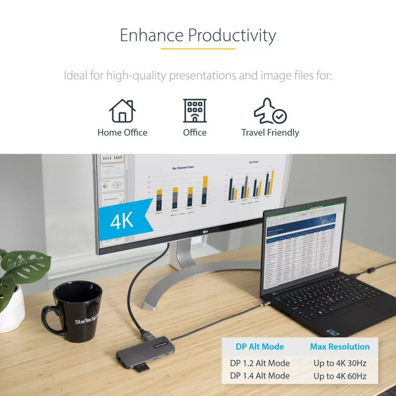 StarTech.com USB-C daudzportu adapteris 4K 60Hz HDMI video, 3 portu 5Gbps USB-A centrmezgls, 100W USB barošanas padeves caurlaide/GbE/SD/MicroSD, 30 cm kabelis, ceļojuma klēpjdatora dokstacija