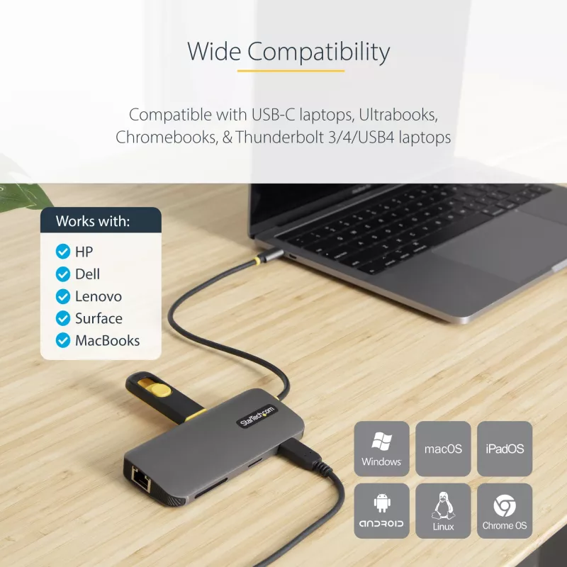StarTech.com USB-C daudzportu adapteris 4K 60Hz HDMI video, 3 portu 5Gbps USB-A centrmezgls, 100W USB barošanas padeves caurlaide/GbE/SD/MicroSD, 30 cm kabelis, ceļojuma klēpjdatora dokstacija