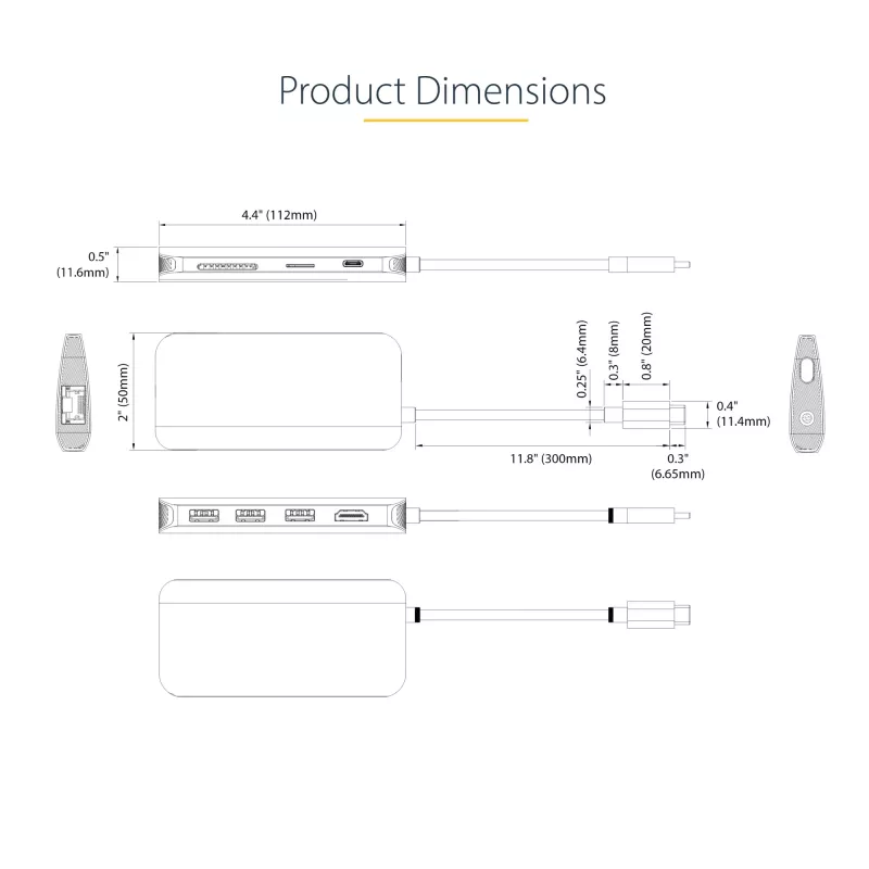 StarTech.com USB-C daudzportu adapteris 4K 60Hz HDMI video, 3 portu 5Gbps USB-A centrmezgls, 100W USB barošanas padeves caurlaide/GbE/SD/MicroSD, 30 cm kabelis, ceļojuma klēpjdatora dokstacija