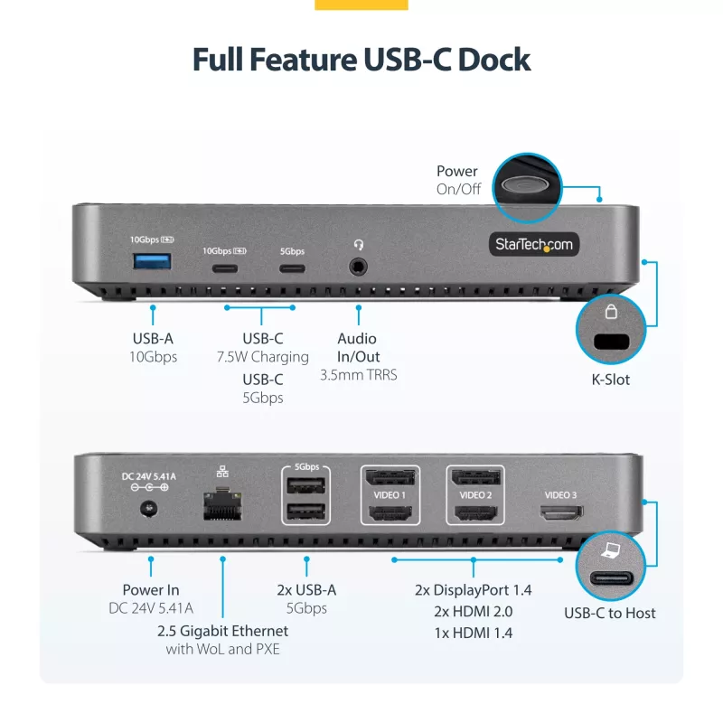 StarTech.com USB-C Trīskāršā 4K Dokošanas Stacija - HDMI/DP Trīskāršais 4k USB-C Dokstacija - 5x USB Hubs - GbE - 100W PD - Universāla Vairāku Monitoru Dokošanas Stacija - Thunderbolt 3/4 Saderīga