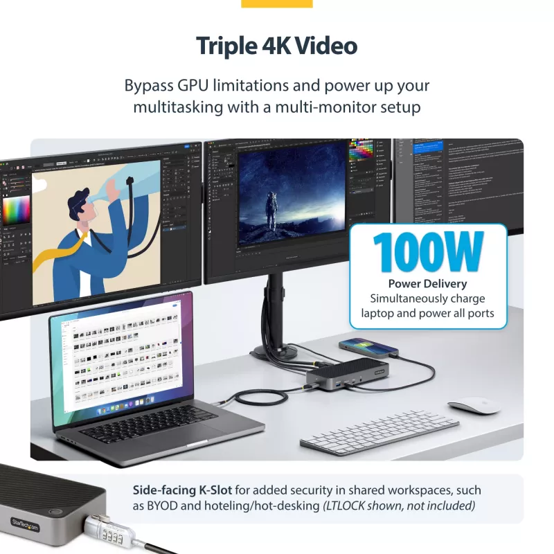 StarTech.com USB-C Trīskāršā 4K Dokošanas Stacija - HDMI/DP Trīskāršais 4k USB-C Dokstacija - 5x USB Hubs - GbE - 100W PD - Universāla Vairāku Monitoru Dokošanas Stacija - Thunderbolt 3/4 Saderīga