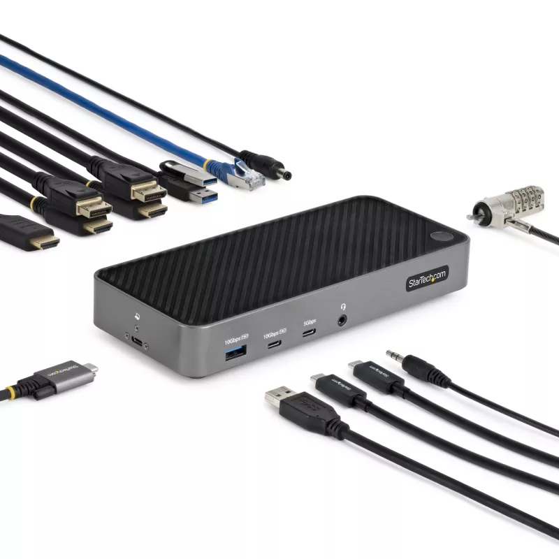 StarTech.com USB-C Trīskāršā 4K Dokošanas Stacija - HDMI/DP Trīskāršais 4k USB-C Dokstacija - 5x USB Hubs - GbE - 100W PD - Universāla Vairāku Monitoru Dokošanas Stacija - Thunderbolt 3/4 Saderīga