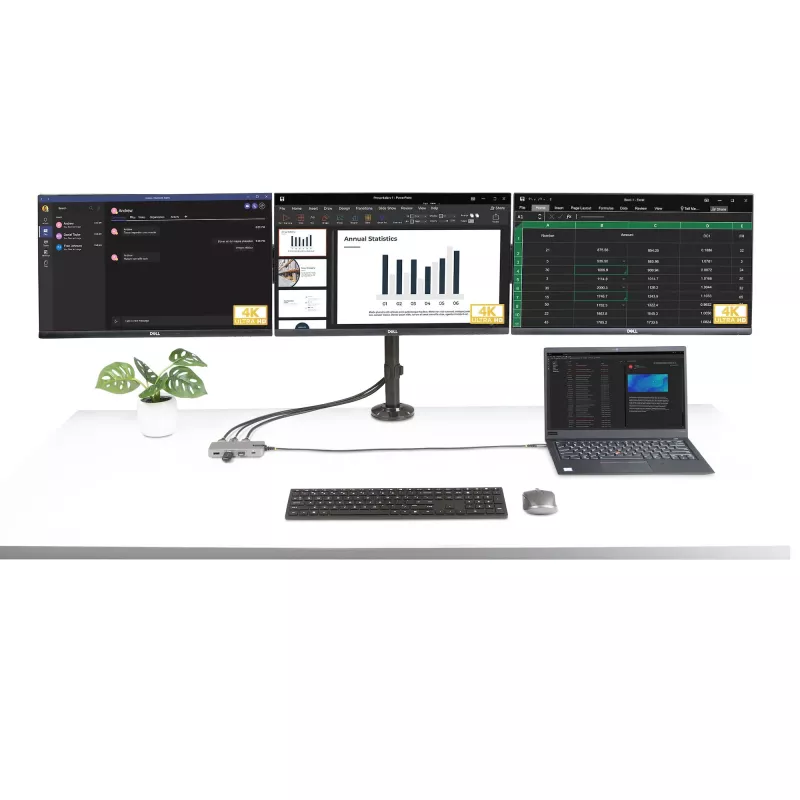StarTech.com USB-C trīs monitoru daudzportu adapteris, Divi 4K 60Hz + 4K 30Hz HDMI un DisplayPort, 3 portu USB 10Gbps centrmezgls, 100W PD caurlaide, GbE, ceļojumu dokstacija, Windows un ChromeOS