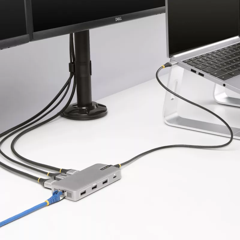 StarTech.com USB-C trīs monitoru daudzportu adapteris, Divi 4K 60Hz + 4K 30Hz HDMI un DisplayPort, 3 portu USB 10Gbps centrmezgls, 100W PD caurlaide, GbE, ceļojumu dokstacija, Windows un ChromeOS