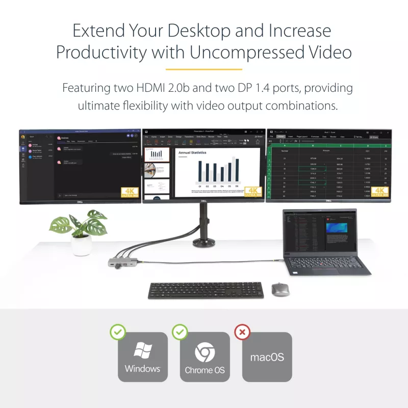 StarTech.com USB-C trīs monitoru daudzportu adapteris, Divi 4K 60Hz + 4K 30Hz HDMI un DisplayPort, 3 portu USB 10Gbps centrmezgls, 100W PD caurlaide, GbE, ceļojumu dokstacija, Windows un ChromeOS