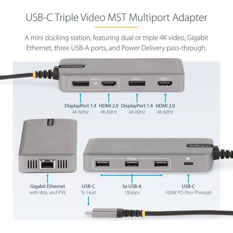 StarTech.com USB-C trīs monitoru daudzportu adapteris, Divi 4K 60Hz + 4K 30Hz HDMI un DisplayPort, 3 portu USB 10Gbps centrmezgls, 100W PD caurlaide, GbE, ceļojumu dokstacija, Windows un ChromeOS