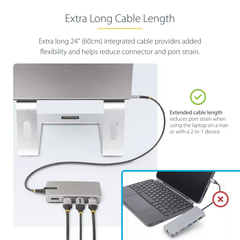 StarTech.com USB-C trīs monitoru daudzportu adapteris, Divi 4K 60Hz + 4K 30Hz HDMI un DisplayPort, 3 portu USB 10Gbps centrmezgls, 100W PD caurlaide, GbE, ceļojumu dokstacija, Windows un ChromeOS