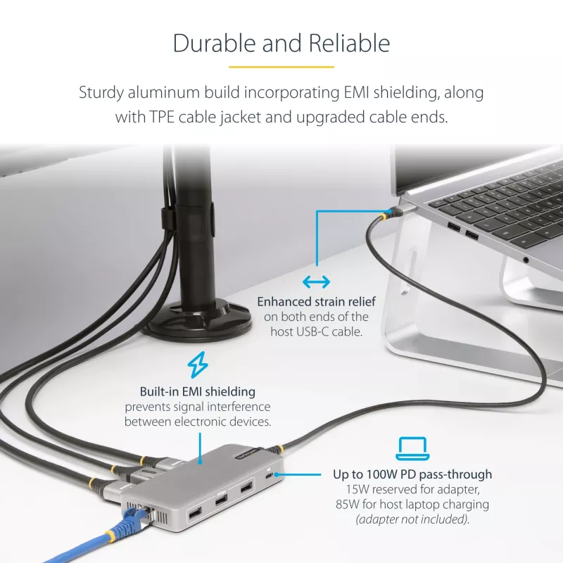 StarTech.com USB-C trīs monitoru daudzportu adapteris, Divi 4K 60Hz + 4K 30Hz HDMI un DisplayPort, 3 portu USB 10Gbps centrmezgls, 100W PD caurlaide, GbE, ceļojumu dokstacija, Windows un ChromeOS