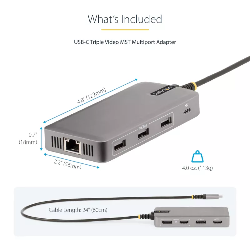 StarTech.com USB-C trīs monitoru daudzportu adapteris, Divi 4K 60Hz + 4K 30Hz HDMI un DisplayPort, 3 portu USB 10Gbps centrmezgls, 100W PD caurlaide, GbE, ceļojumu dokstacija, Windows un ChromeOS