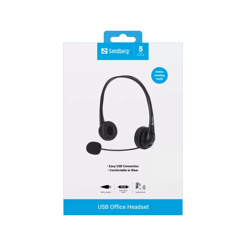 Sandberg USB Office Headset, vadu, birojam/zvanu centram, 20 - 20000 Hz, 94 g, Melns