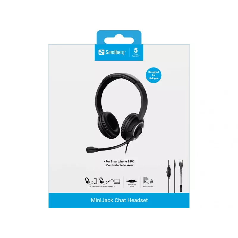 Sandberg MiniJack Chat Headset, Vadu, Zvani/Mūzika, 20 - 20000 Hz, 180 g, Austiņas, Melns