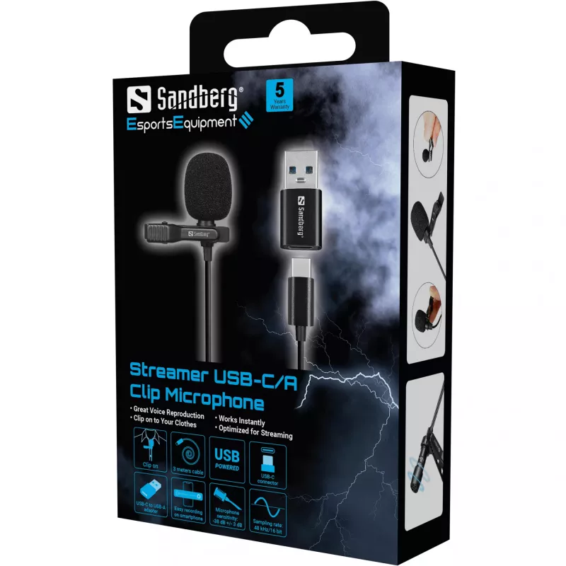 Sandberg Streamer USB Klipšu Mikrofons, Lavalier, -38 dB, 50-18000 Hz, 16 bit, 48 kHz, 84 dB