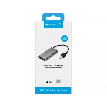 Sandberg USB 3.0 Pocket Hub 4 porti, USB 3.2 Gen 1 Type-A, 5000 Mbit/s, Balts, Alumīnijs
