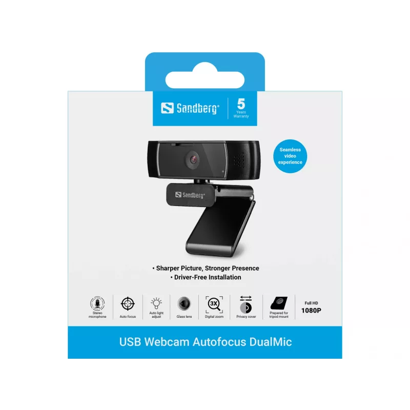 Sandberg USB tīmekļa kamera Autofocus DualMic, 2.07 MP, 1920 x 1080 pikseļi, Full HD, 30 fps, 70°