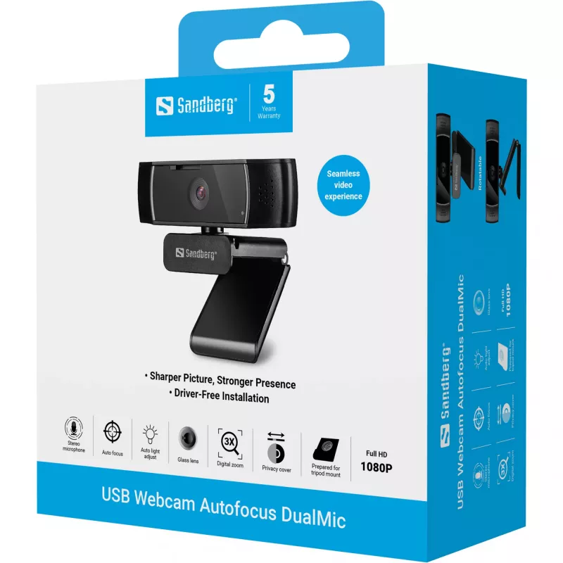Sandberg USB tīmekļa kamera Autofocus DualMic, 2.07 MP, 1920 x 1080 pikseļi, Full HD, 30 fps, 70°