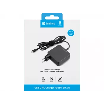 Sandberg USB-C AC lādētājs PD65W EU 2M, iekštelpu, maiņstrāva, 20 V, 1 m, melns