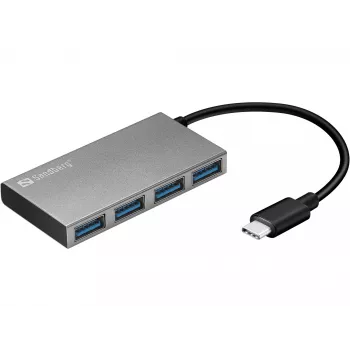 Sandberg USB-C uz 4 x USB 3.0 Kabatas Hubs, USB 3.2 Gen 1 Type-C, USB 3.2 Gen 1 Type-A, Balts, Alumīnijs