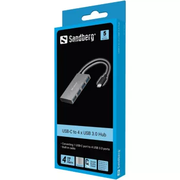 Sandberg USB-C uz 4 x USB 3.0 Kabatas Hubs, USB 3.2 Gen 1 Type-C, USB 3.2 Gen 1 Type-A, Balts, Alumīnijs