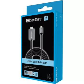 Sandberg USB-C uz HDMI kabelis 2M, 2 m, USB Type-C, HDMI, vīriešu, vīriešu, taisns