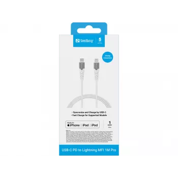 Sandberg USB-C PD uz Lightning MFI 1M PRO, 1 m, Lightning, USB C, vīriešu, vīriešu, Balts
