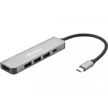 Sandberg USB-C Dokstacija HDMI+3xUSB+PD 100W, Vadu, USB 3.2 Gen 1 Type-C, 100 W, Pelēks, 4K Ultra HD, Alumīnijs