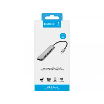 Sandberg USB-C Dokstacija HDMI+3xUSB+PD 100W, Vadu, USB 3.2 Gen 1 Type-C, 100 W, Pelēks, 4K Ultra HD, Alumīnijs