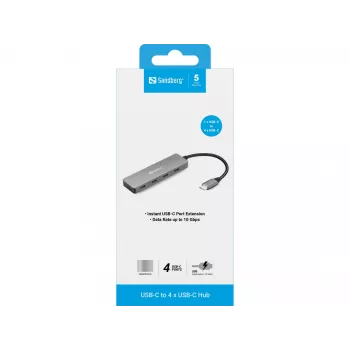 Sandberg USB-C uz 4 x USB-C Hub, USB 3.2 Gen 1, 10 Gbit/s, pelēks, alumīnijs, 0.15 m