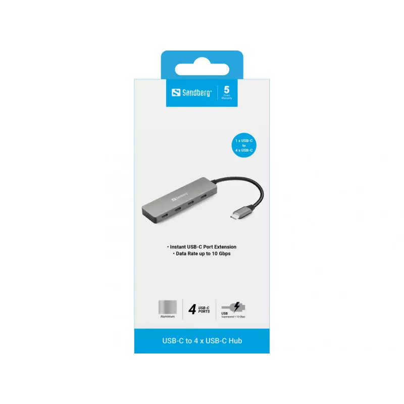 Sandberg 136-41 USB-C uz 4x USB-C centrmezgls, USB-C 3.1, 10 Gbit/s, alumīnijs, 0,15 m kabelis