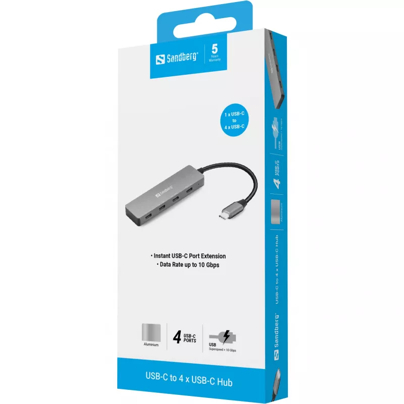 Sandberg 136-41 USB-C uz 4x USB-C centrmezgls, USB-C 3.1, 10 Gbit/s, alumīnijs, 0,15 m kabelis