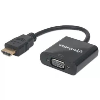 Manhattan HDMI uz VGA pārveidotāja kabelis, 1080p, 30cm, Vīrietis uz Sievieti, Mikro-USB barošanas ieeja, Melns, Trīs gadu garantija
