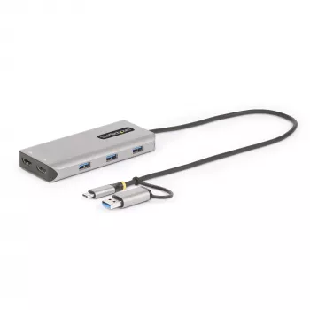 StarTech.com USB-C daudzportu adapteris ar pievienotu USB-C–USB-A dongli, divi HDMI (4K30Hz/1080p60Hz), 3x USB-A 5Gbps, mini ceļojumu dokstacija, 1,3 pēdu/40 cm kabelis