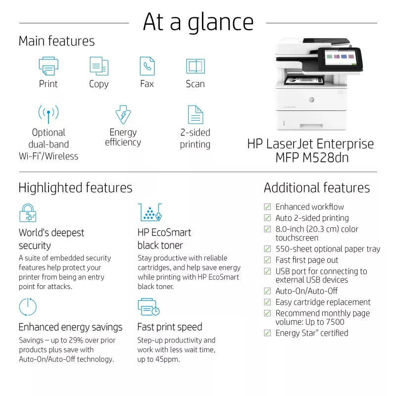 HP LaserJet Enterprise MFP M528dn, lāzera, vienkrāsas drukāšana, 1200 x 1200 DPI, A4, tiešā drukāšana, melns, balts