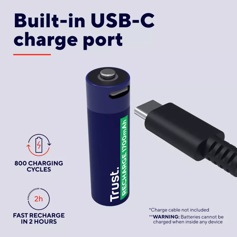 Trust 25584 uzlādējama AA baterija, 2 gab., USB-C