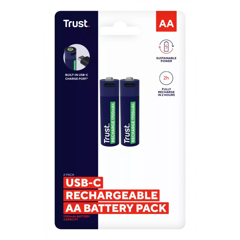 Trust 25584 uzlādējama AA baterija, 2 gab., USB-C