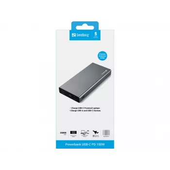 Sandberg Powerbank USB-C PD 100W 20000, 20000 mAh, Litija-jonu, Quick Charge 3.0, 100 W, Pelēks